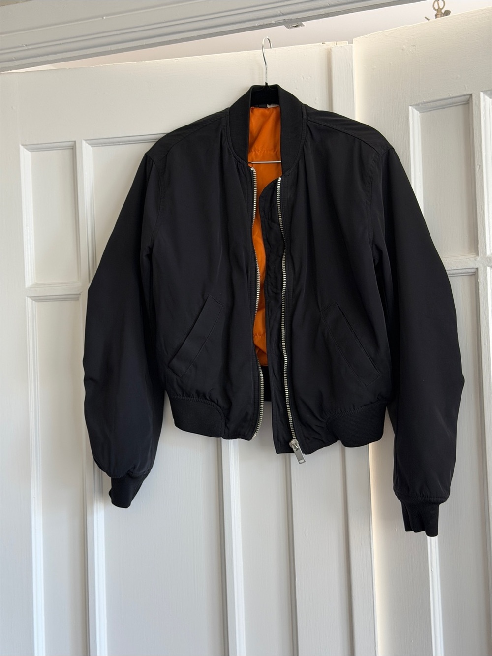 Black Bomber Jacket with Orange Lining - Women